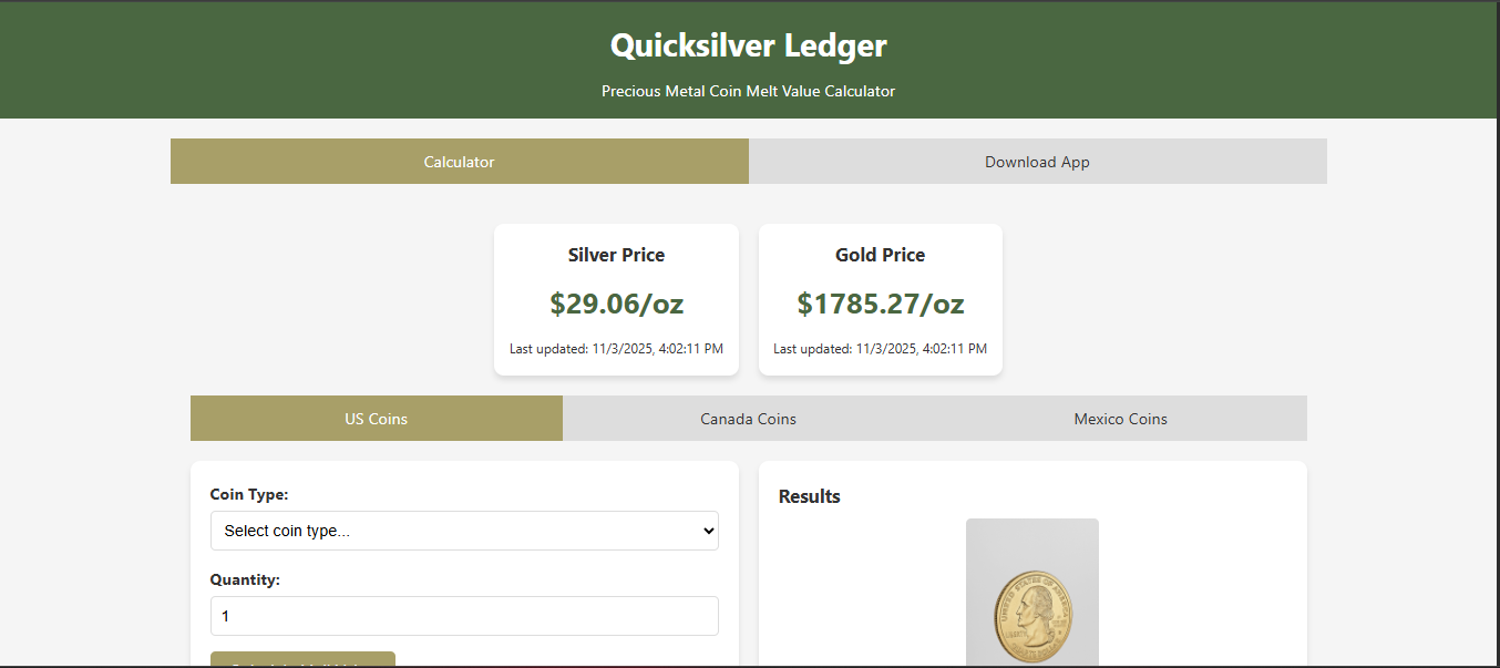 Quicksilver Ledger coin melt value app screenshot